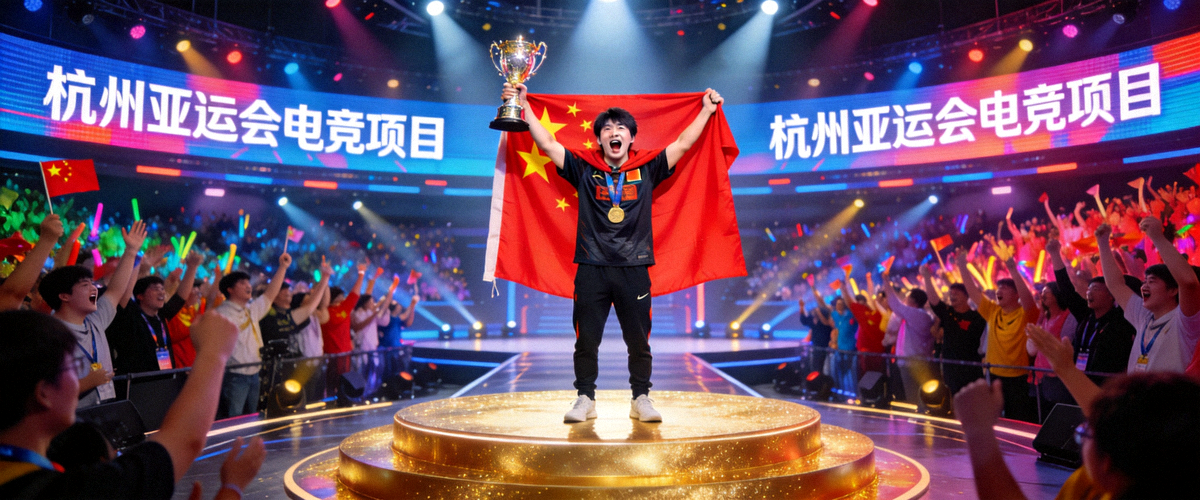 杭州亚运会电竞项目颁奖典礼现场 - 中国选手身披国旗